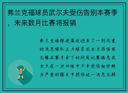 弗兰克福球员武尔夫受伤告别本赛季，未来数月比赛将报销