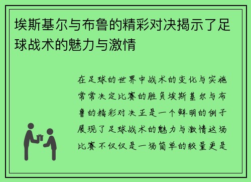 埃斯基尔与布鲁的精彩对决揭示了足球战术的魅力与激情