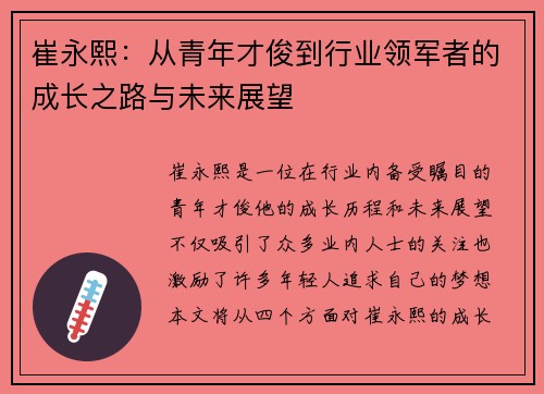 崔永熙：从青年才俊到行业领军者的成长之路与未来展望