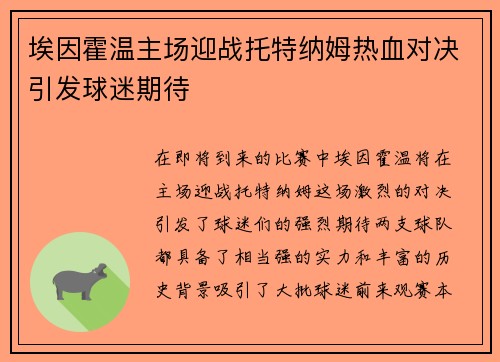 埃因霍温主场迎战托特纳姆热血对决引发球迷期待