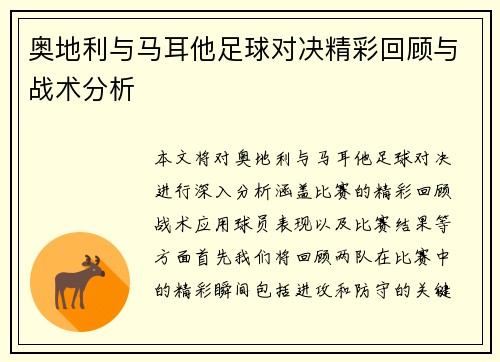 奥地利与马耳他足球对决精彩回顾与战术分析