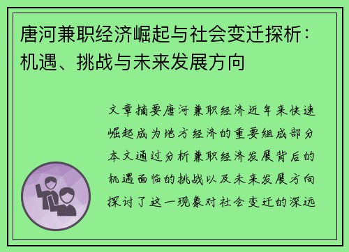 唐河兼职经济崛起与社会变迁探析：机遇、挑战与未来发展方向