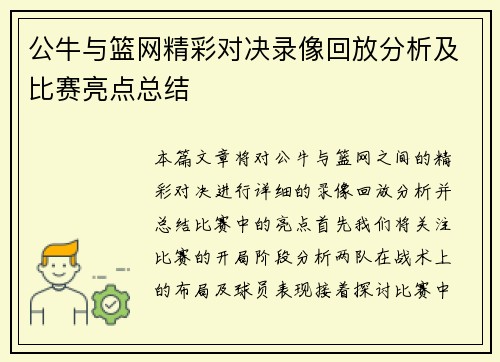 公牛与篮网精彩对决录像回放分析及比赛亮点总结