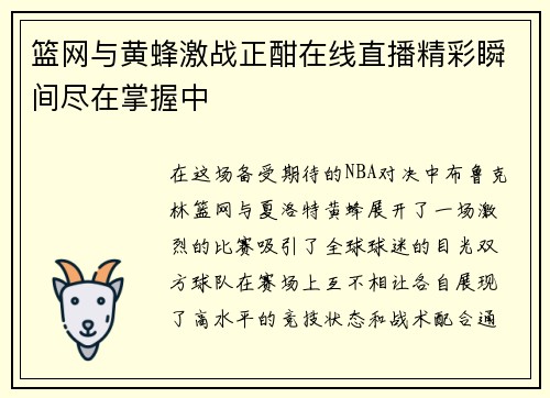 篮网与黄蜂激战正酣在线直播精彩瞬间尽在掌握中