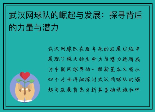 武汉网球队的崛起与发展：探寻背后的力量与潜力