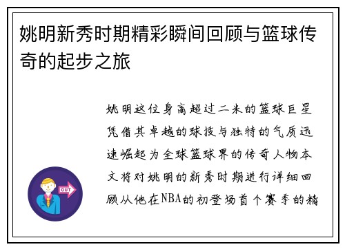 姚明新秀时期精彩瞬间回顾与篮球传奇的起步之旅