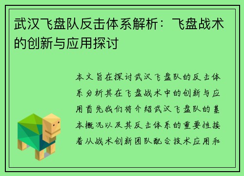 武汉飞盘队反击体系解析：飞盘战术的创新与应用探讨