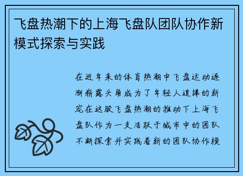 飞盘热潮下的上海飞盘队团队协作新模式探索与实践