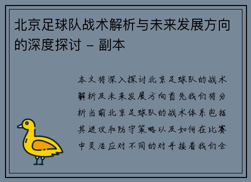 北京足球队战术解析与未来发展方向的深度探讨 - 副本